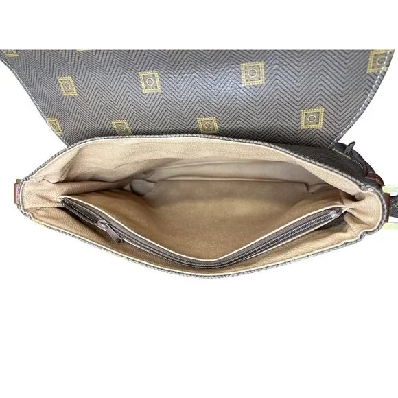 Texier Brown Leather & Green Coated Canvas Shoulder Bag Made in France - Picture 7 of 9